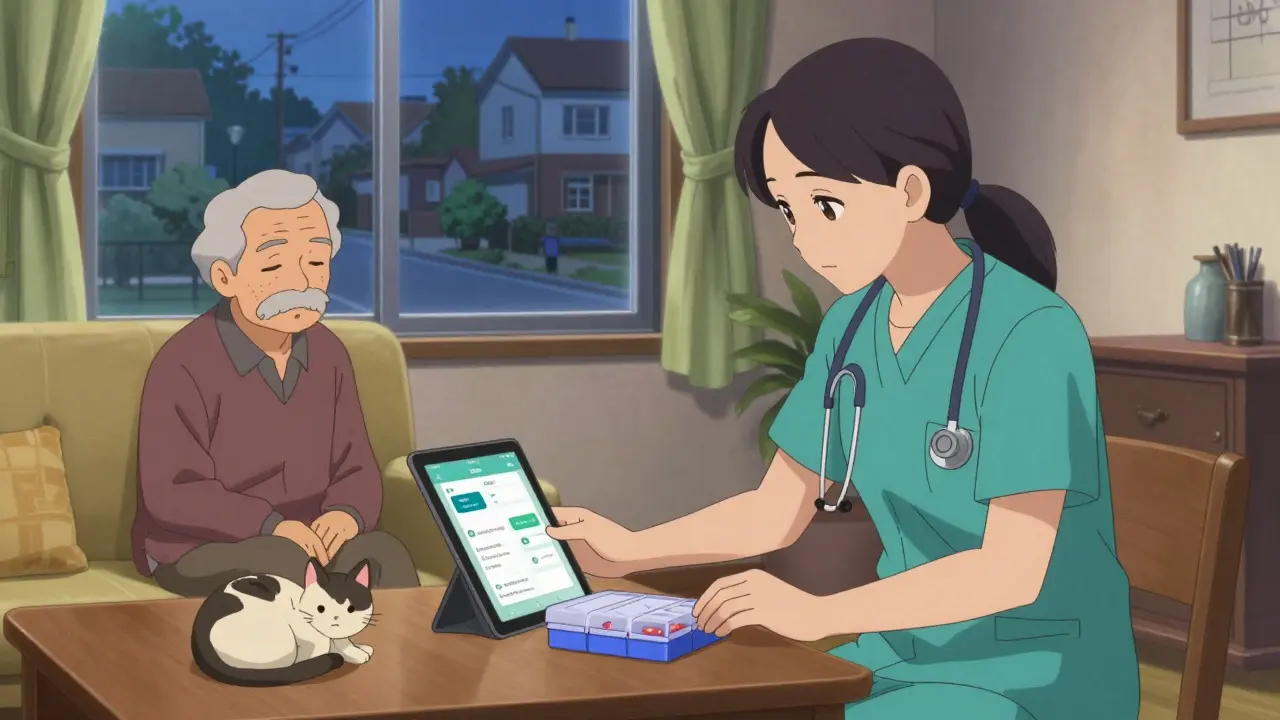 Community health worker helping an elderly person manage pills at home, with a tablet showing reminders and a calm evening setting.