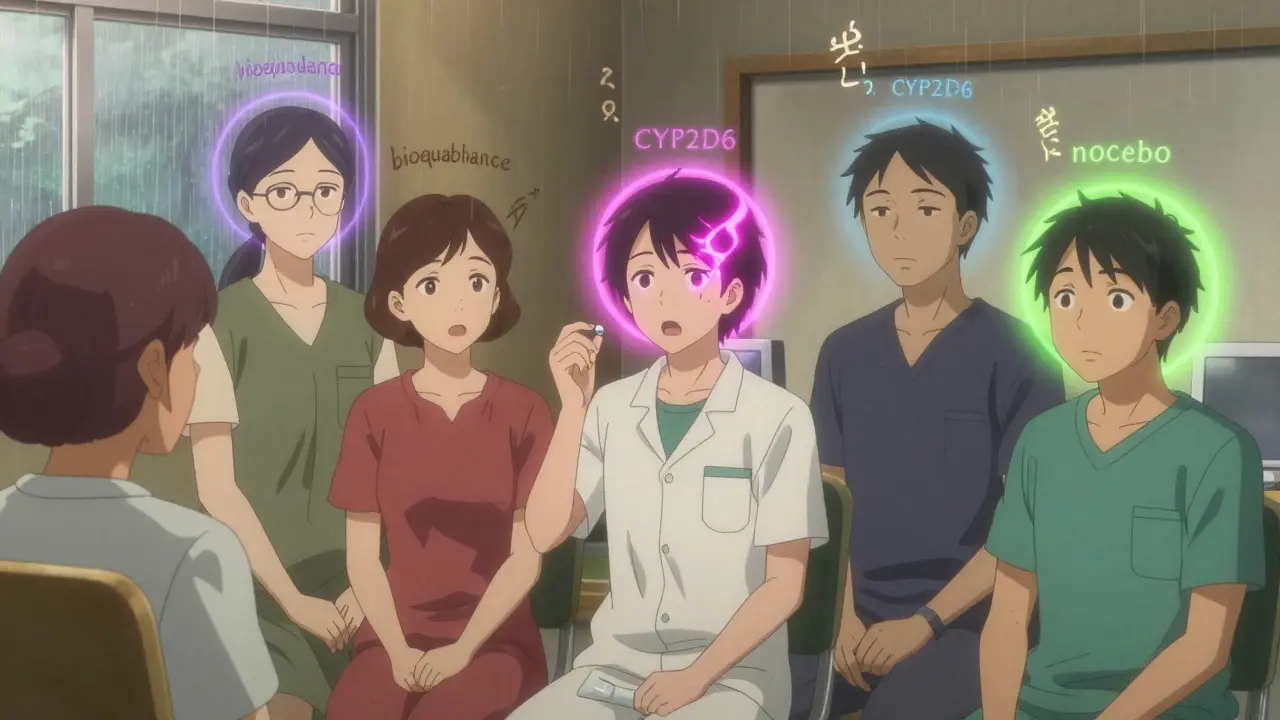 Diverse patients in clinic with colored genetic halos, one flickering violently as they take a generic pill.