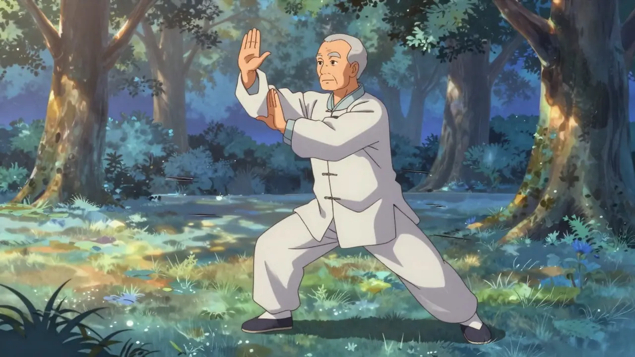 Elderly man doing Tai Chi movements in park at dawn