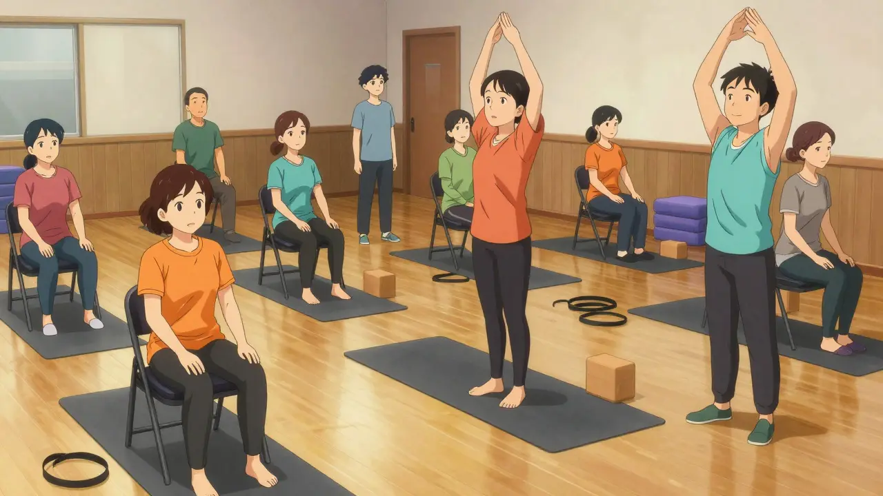 Group attending gentle fitness class in community center