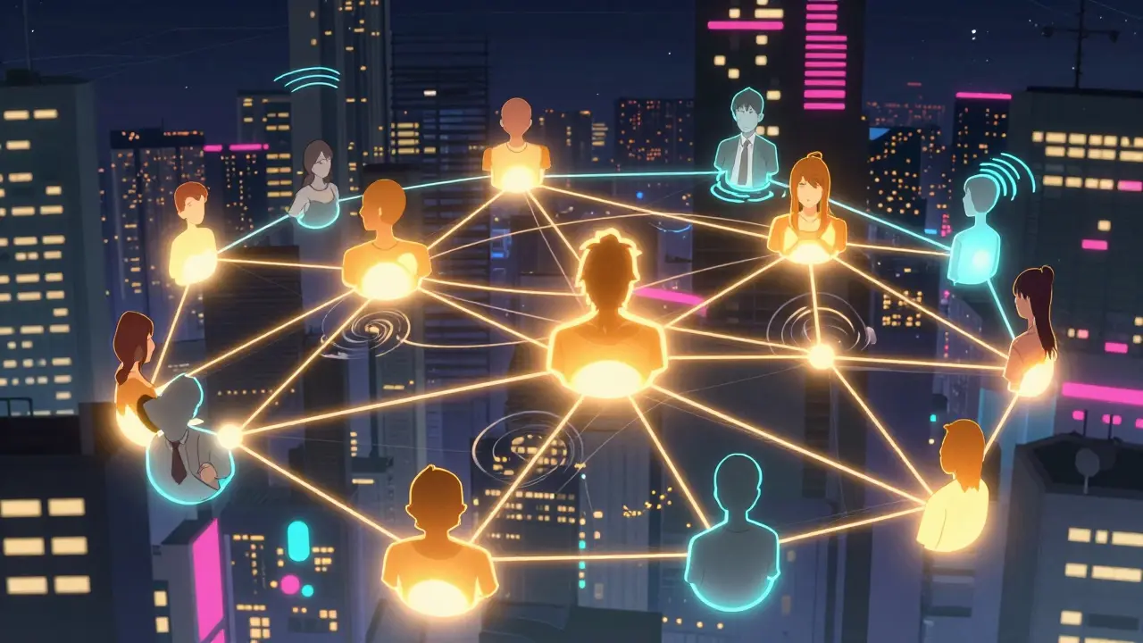 Manga-style social network with glowing connection lines between characters