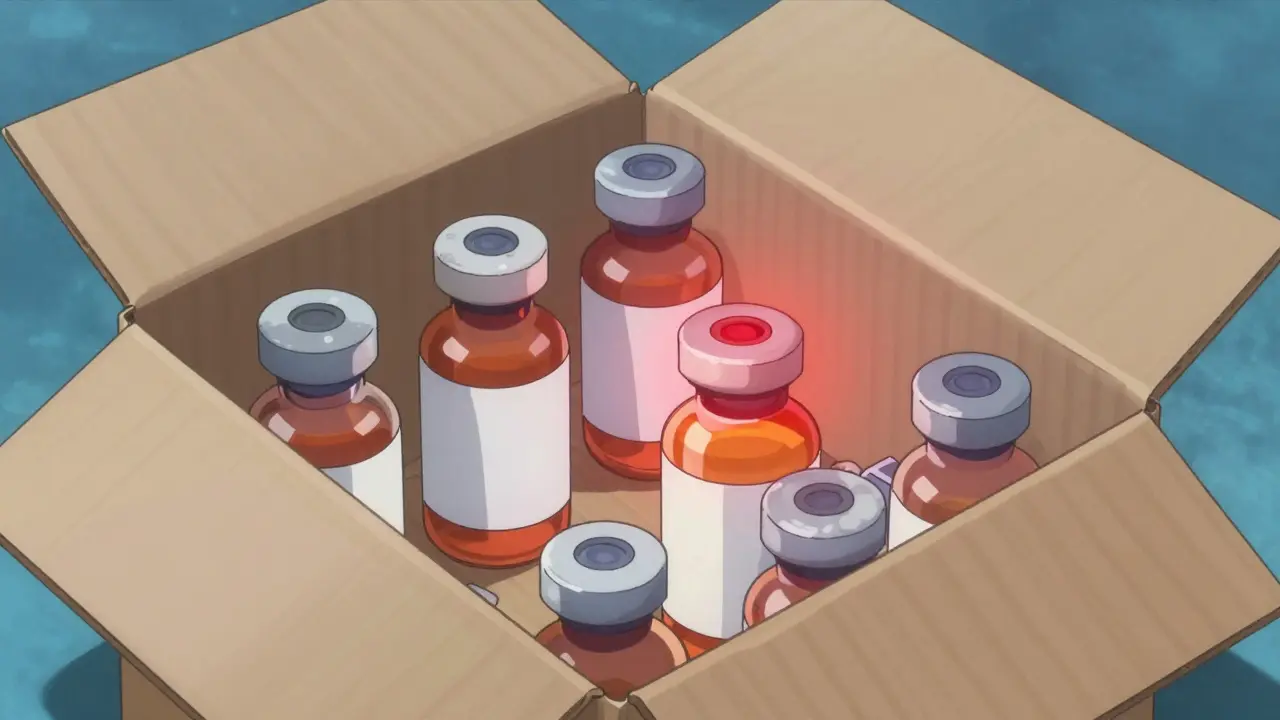 Medication vials in a box surrounded by heat wave distortion effects.