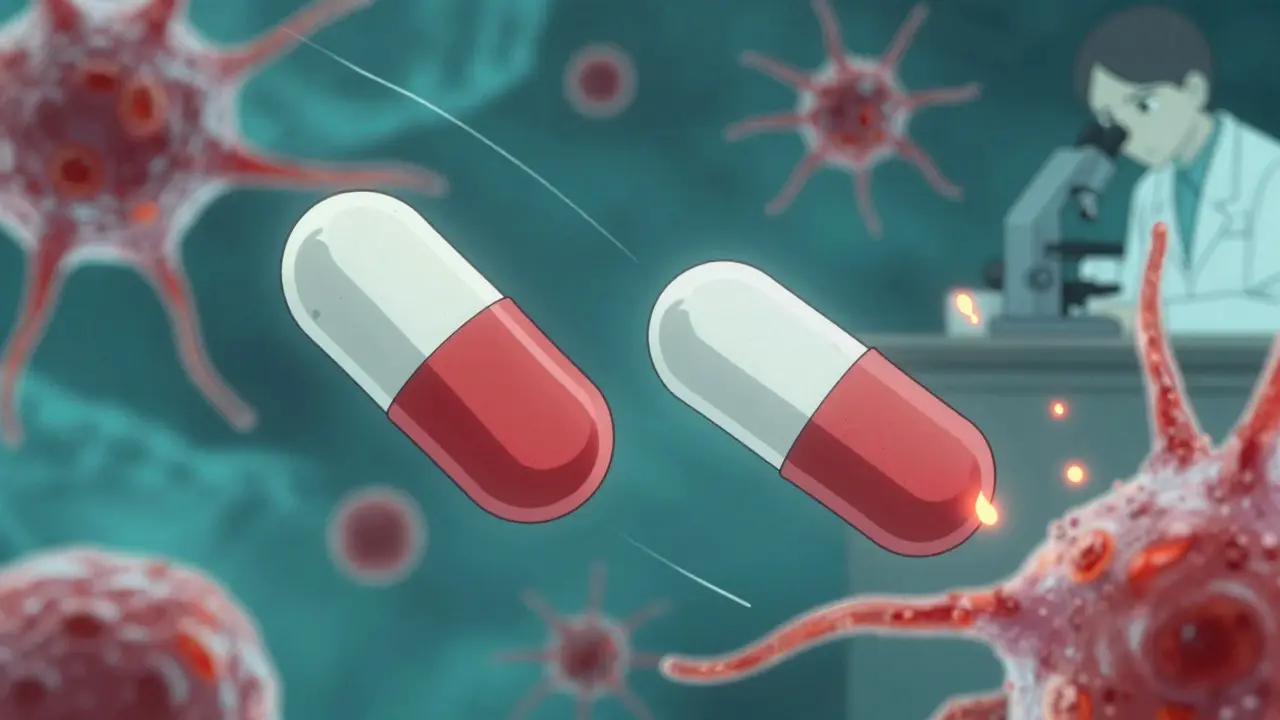 Microscopic view of drug particles in bloodstream, generic pill showing impurities causing erratic neural activity.
