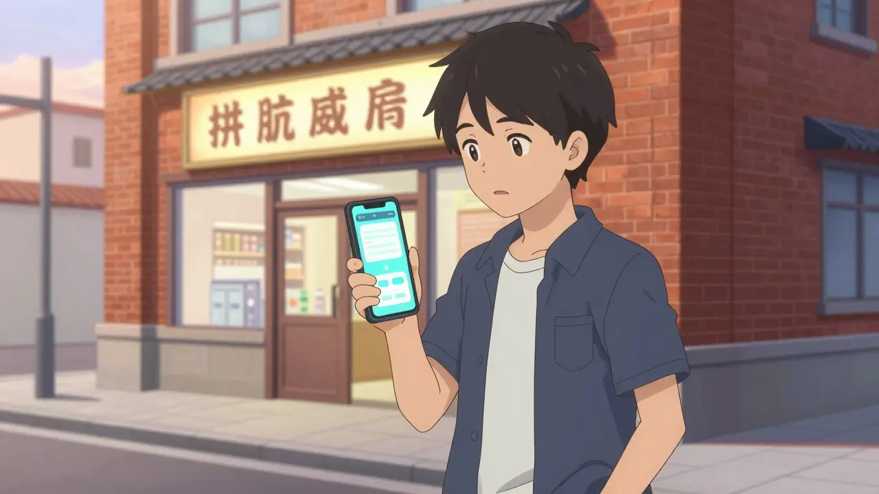 Person holding a phone in front of a physical pharmacy building.