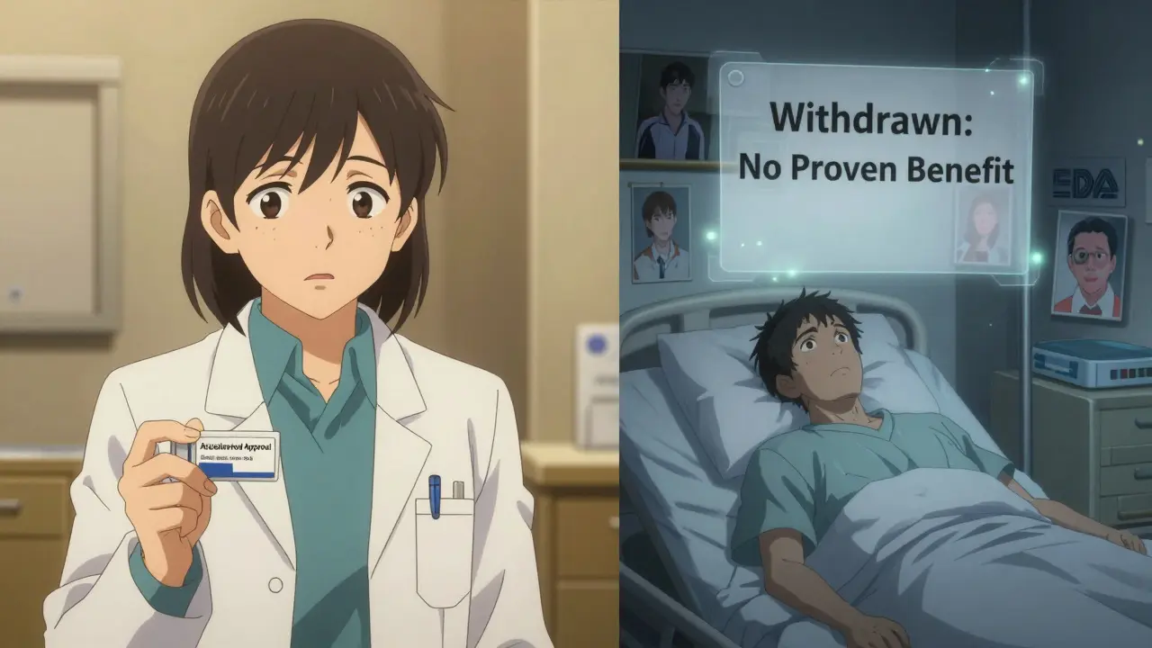 Split scene: a doctor about to prescribe an accelerated approval drug versus a patient later lying in bed with a withdrawn drug notice floating above.