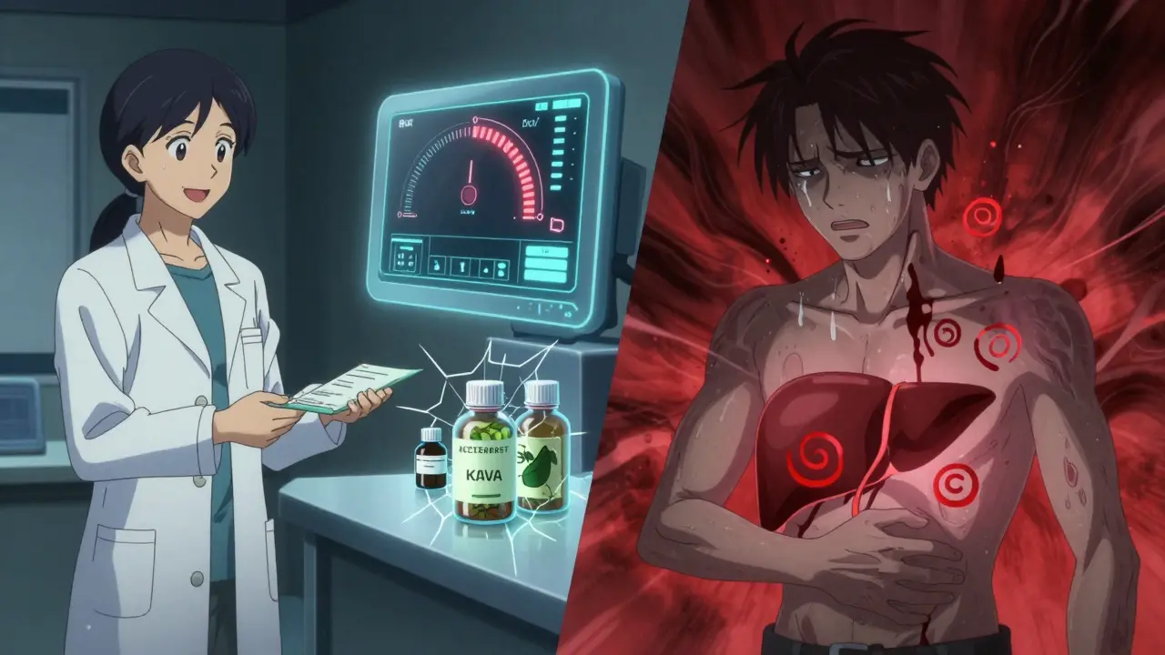Split scene: pharmacist giving pills vs. patient with rising liver enzymes and symbols of harmful supplements, in anime style.