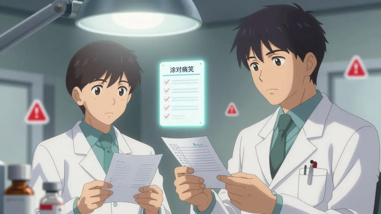 Two pharmacists double-checking an insulin vial under bright light with a glowing checklist.