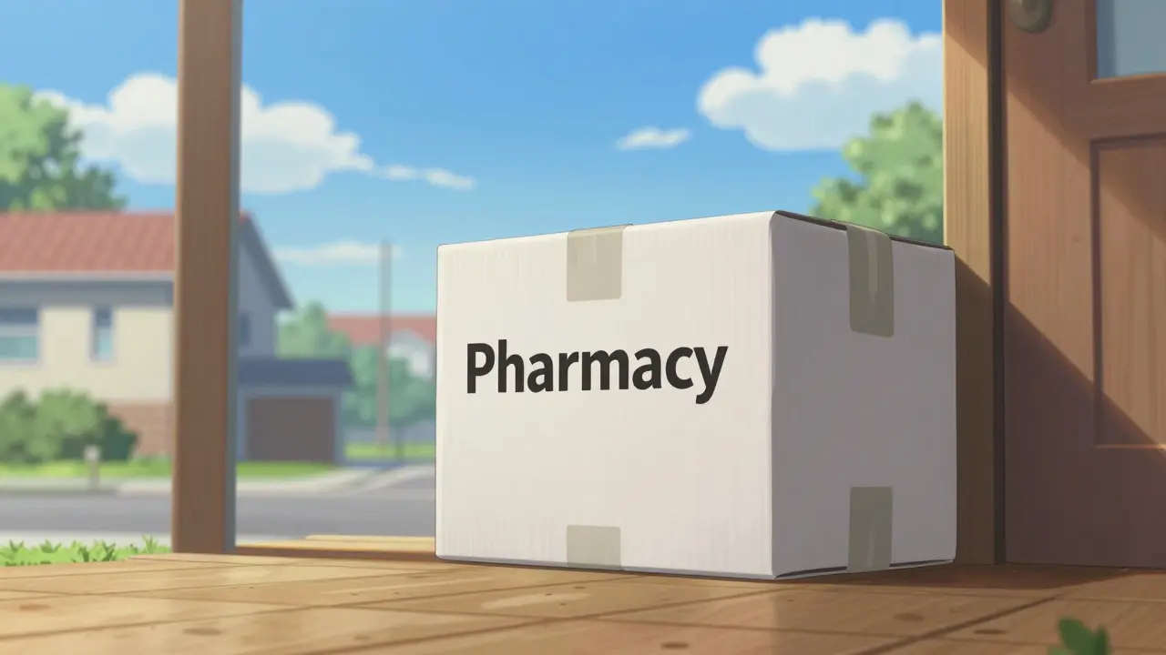 A pharmacy delivery package on a doorstep under a clear blue sky in anime style