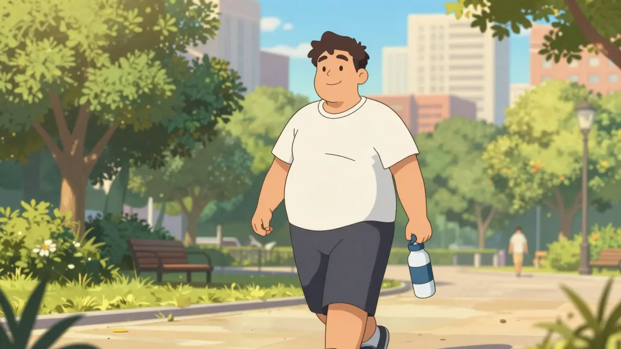 Anime character walking in a sunny park carrying a water bottle.