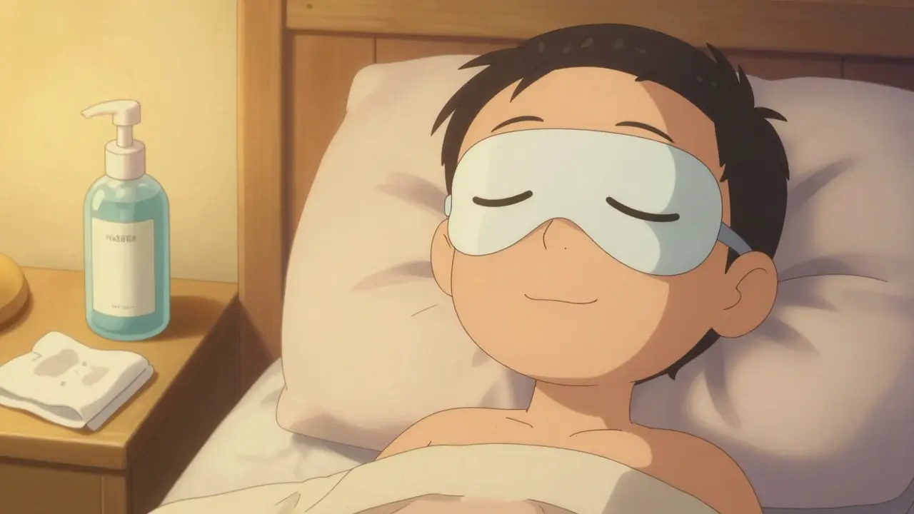 Anime character wearing a warm gel eye mask for home MGD treatment.