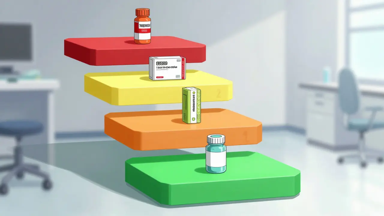 Anime conceptual art of medication insurance tiers as holographic platforms