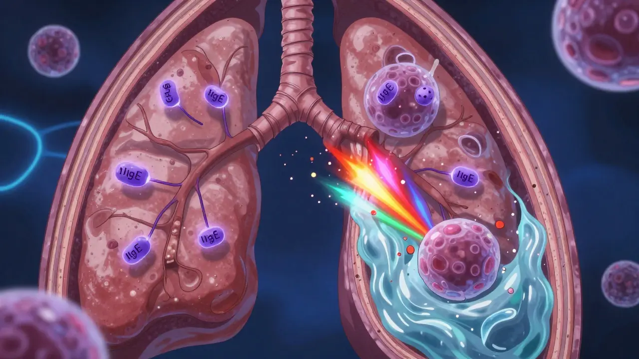Anime conceptual view of IgE antibodies triggering airway inflammation and mucus.