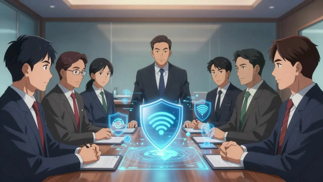Anime pharmaceutical executives reviewing security shields and RFID data in a boardroom