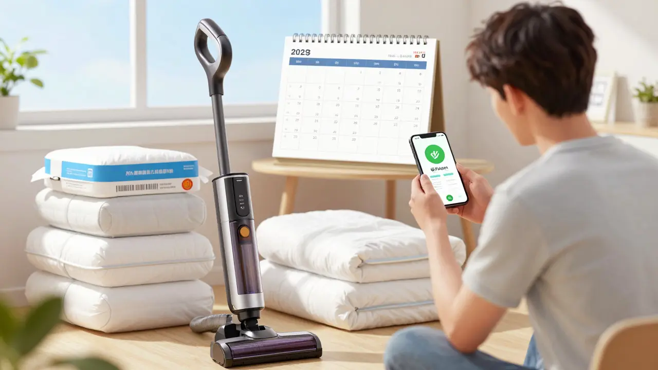 Anime scene of a person using a HEPA vacuum and tracking pollen alerts for asthma control.