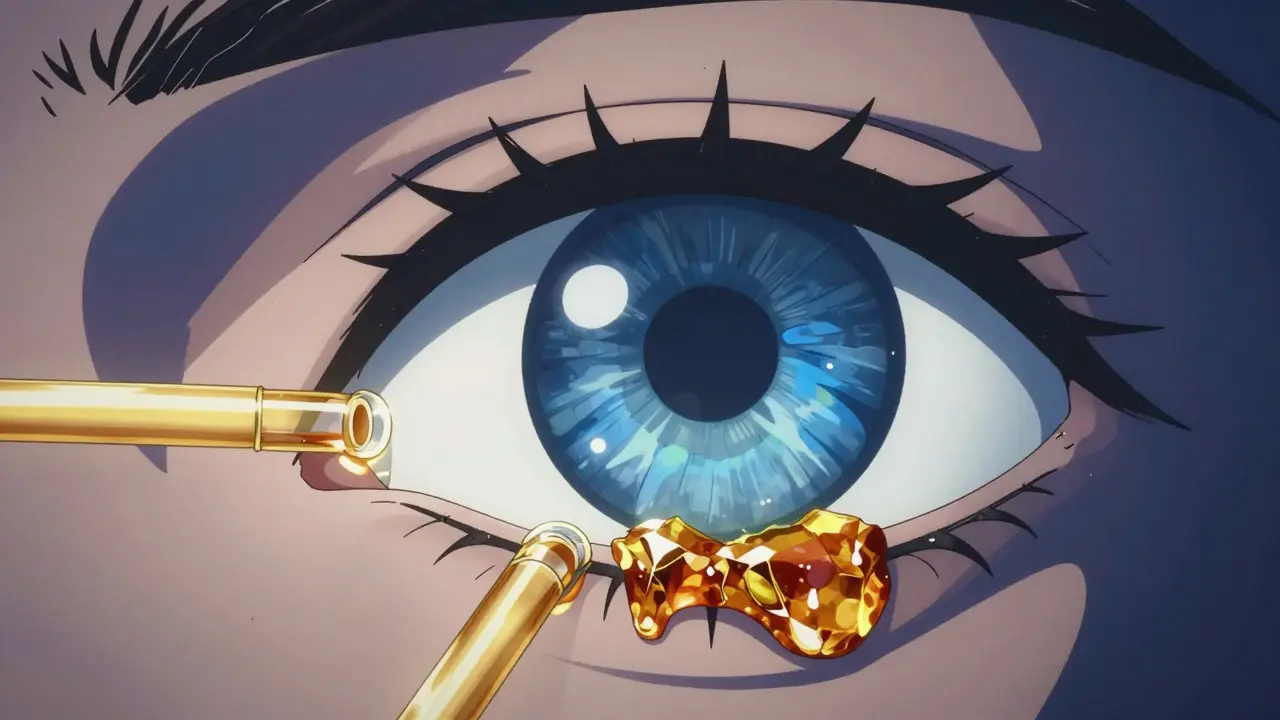 Anime style diagram showing clogged and clear meibomian glands in an eyelid.