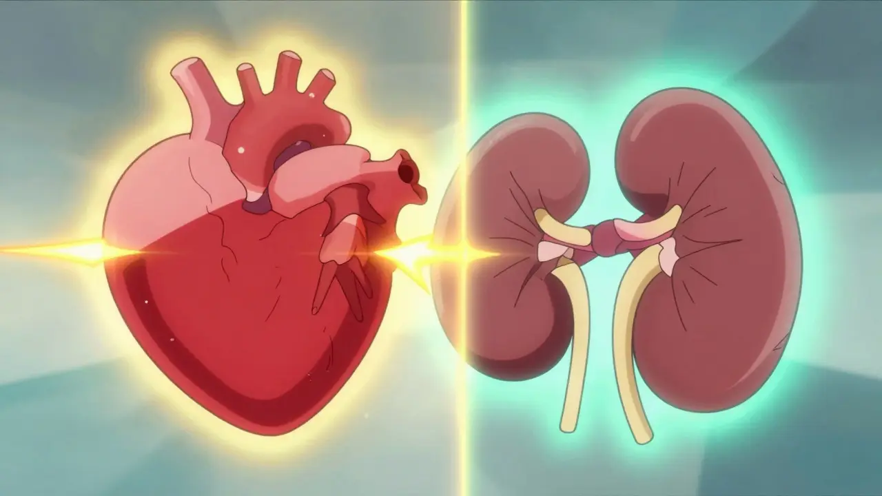 Anime style glowing heart and kidneys protected by golden and teal light.