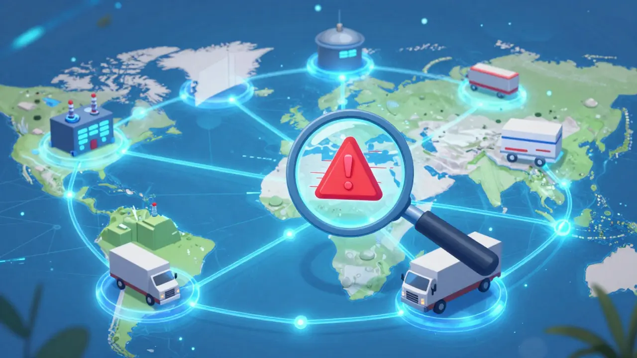 Digital anime map showing a glowing pharmaceutical supply chain with a red alert