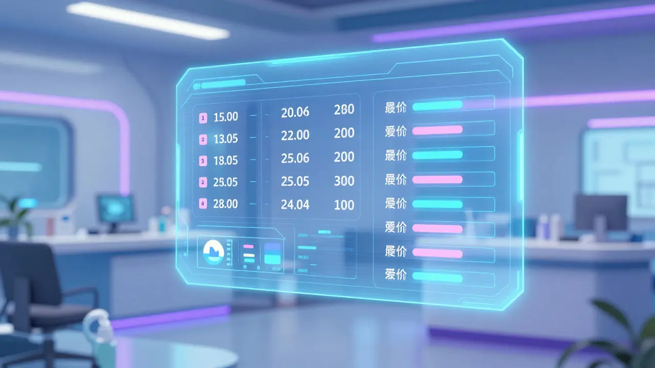 Futuristic AI interface comparing medication prices in a high-tech pharmacy in anime style.