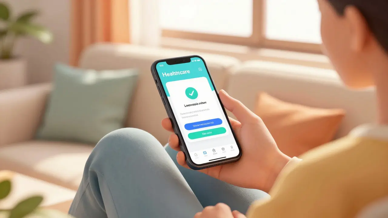 Person feeling relieved while using a cheap prescription app on a smartphone in anime style