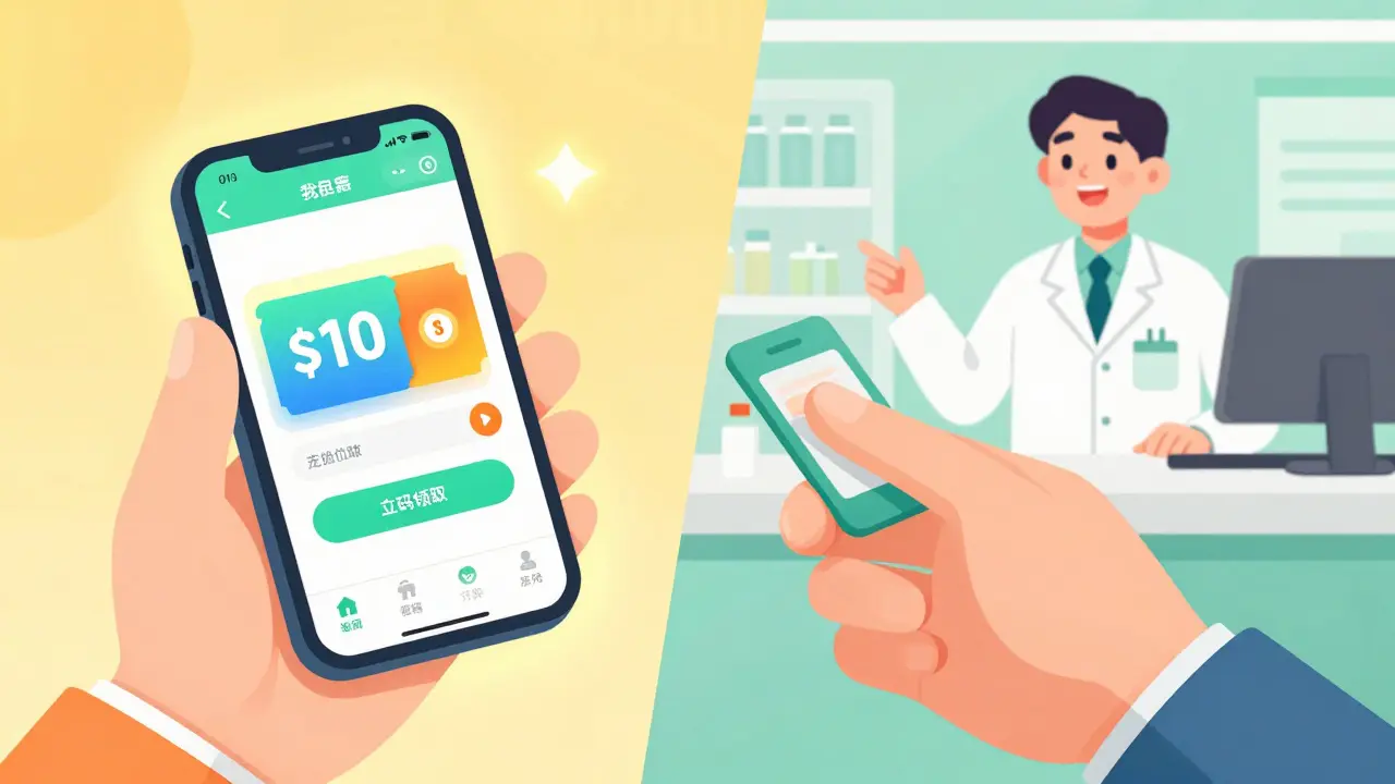 Person showing a pharmacy discount coupon on a smartphone to a pharmacist in anime style.